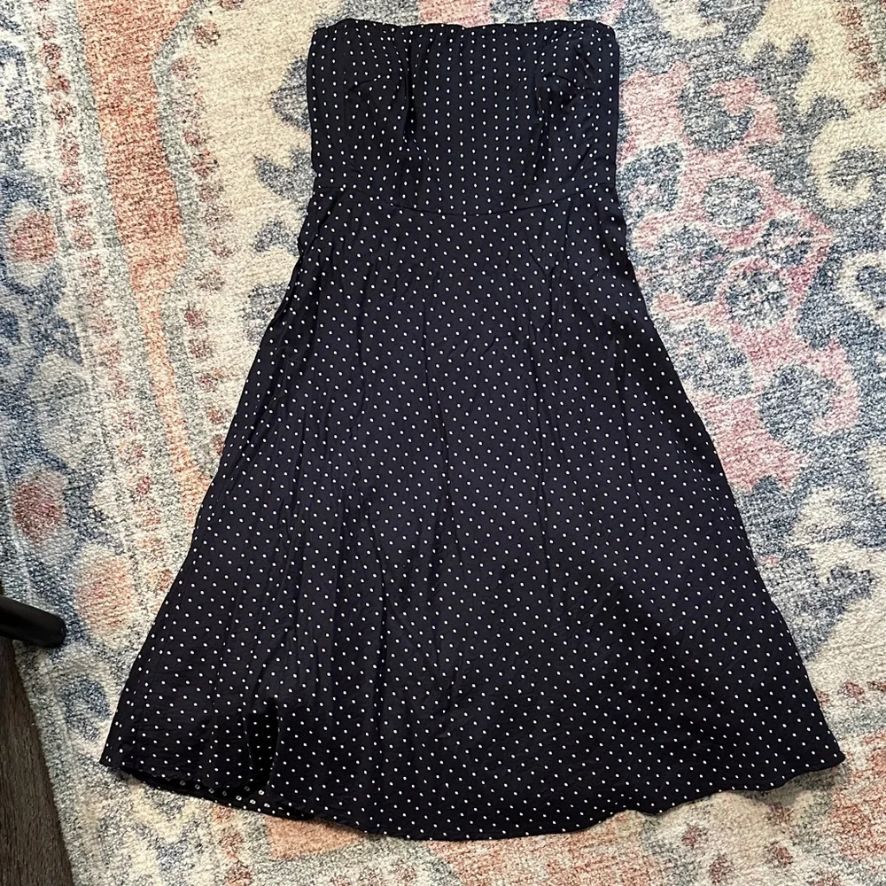 J. Crew Strapless Navy and White Swiss Dot Cotton Dress